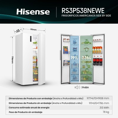 Hisense RS3P538NEWE nevera puerta lado a lado Integrado Independiente 534 L E Blanco