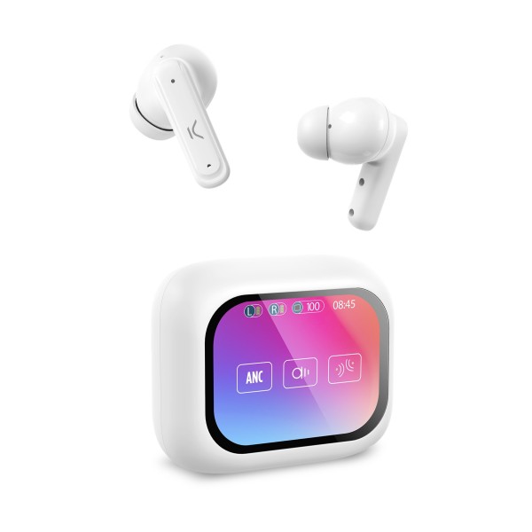 Ksix Auriculares inalámbricos Vision, Pantalla TFT 2,01'', ANC, Aut. 6+20 h, Control táctil, Llamadas, Asist. de voz, Blanco
